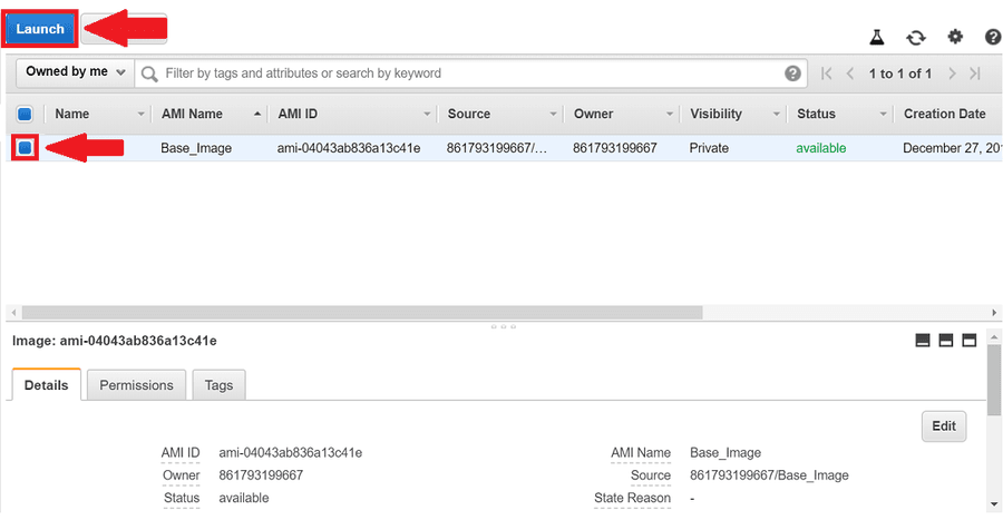 AWS console showing the resulting custom 'Base_Image' AMI, ready to launch on demand.