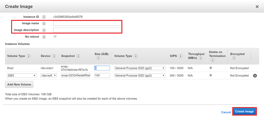 AWS EC2 'Create Image' dialog capturing the preprocessing environment — root plus a 100 GiB data volume — into a reusable machine image.