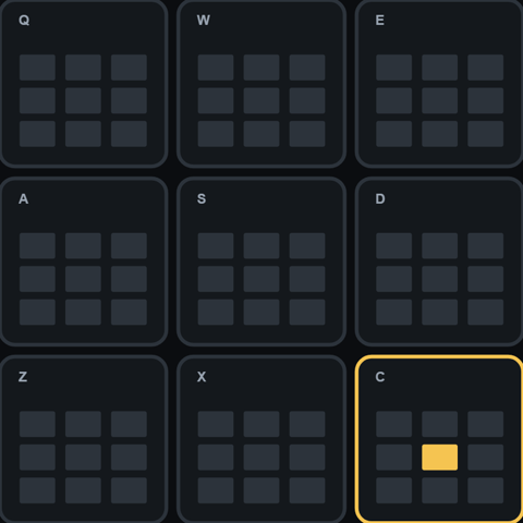 The GridQuest selection board: a 3x3 grid of 3x3 mini-grids, with one target cell highlighted gold inside the bottom-right tile.