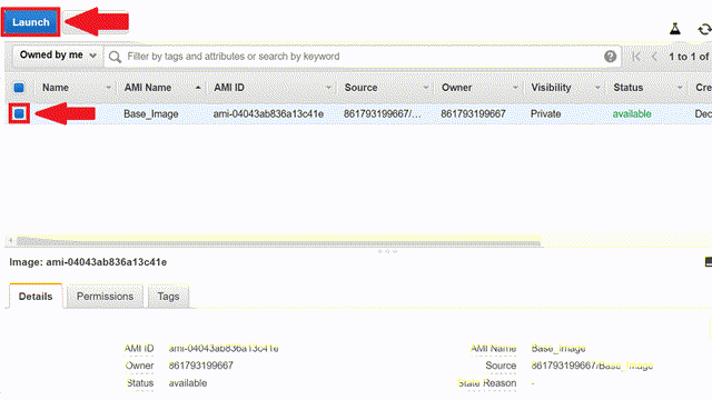 AWS console showing the custom 'Base_Image' AMI baked with the preprocessing environment, ready to launch on demand.
