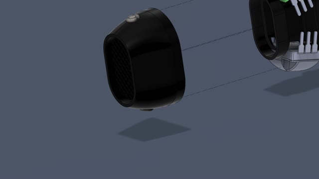 Still from the CAD assembly animation: the earbud shell opens to reveal the sensor electronics and pin contacts packed inside.