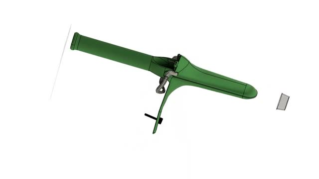 Still from the CAD animation: the speculum's handle, bills, and adjustment mechanism shown assembled.